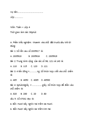 Đề kiểm tra học kì I môn Toán lớp 4